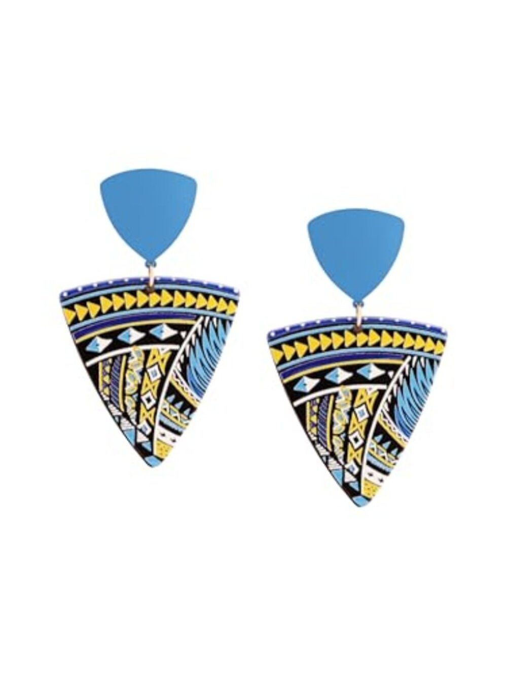 Boho Chic Geometric Drop Earrings, Vibrant Multicolor Pattern with Navy Accent